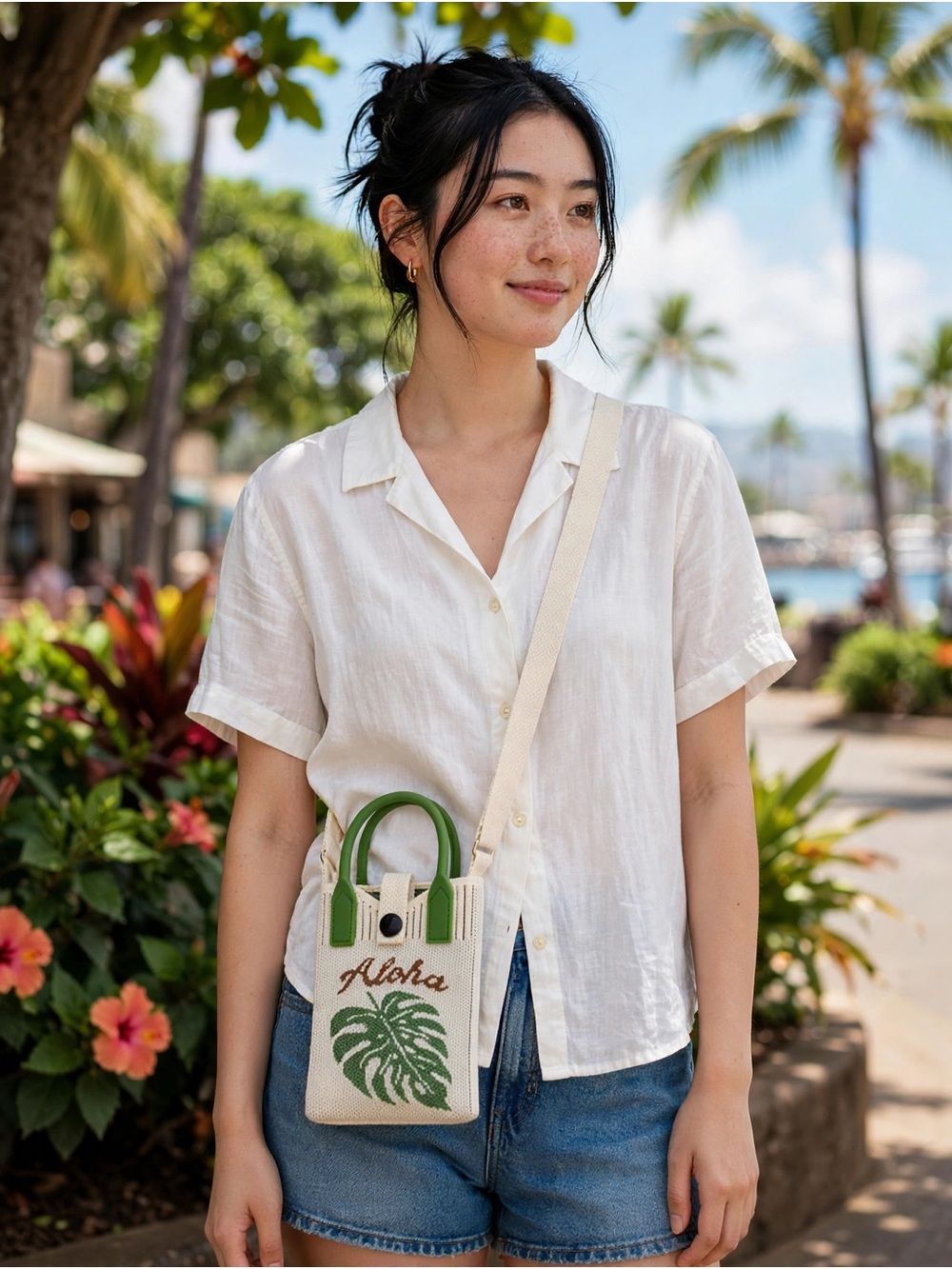 Cream Knit Mini Tote Bag with Green Leaf and Green Rubber Handles